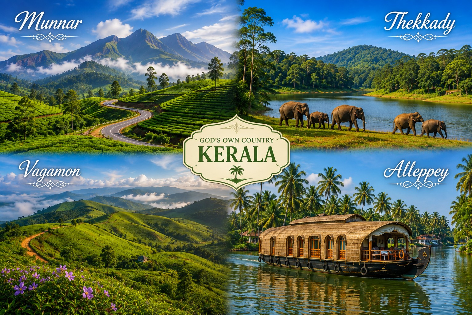 Munnar – Thekkady – Vagamon – Alleppey
